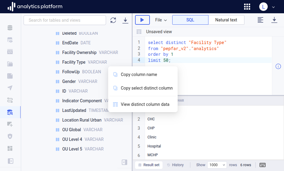 Data browser column operation view distinct