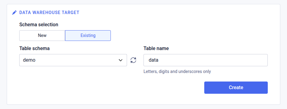 Create data pipeline data warehouse target existing schema