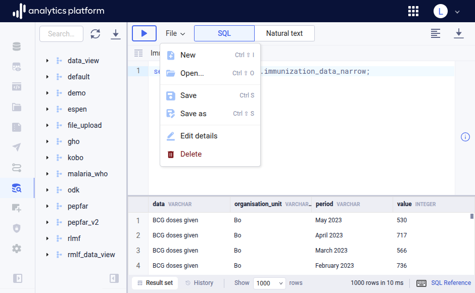 Data browser file menu