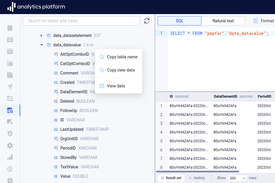 Data browser schema navigator operations