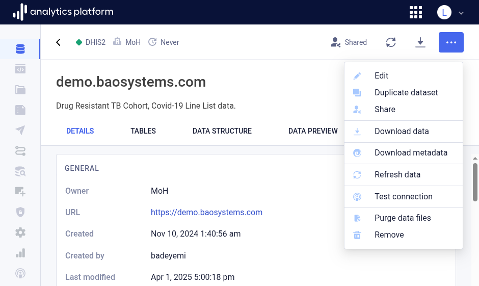 Dataset context menu