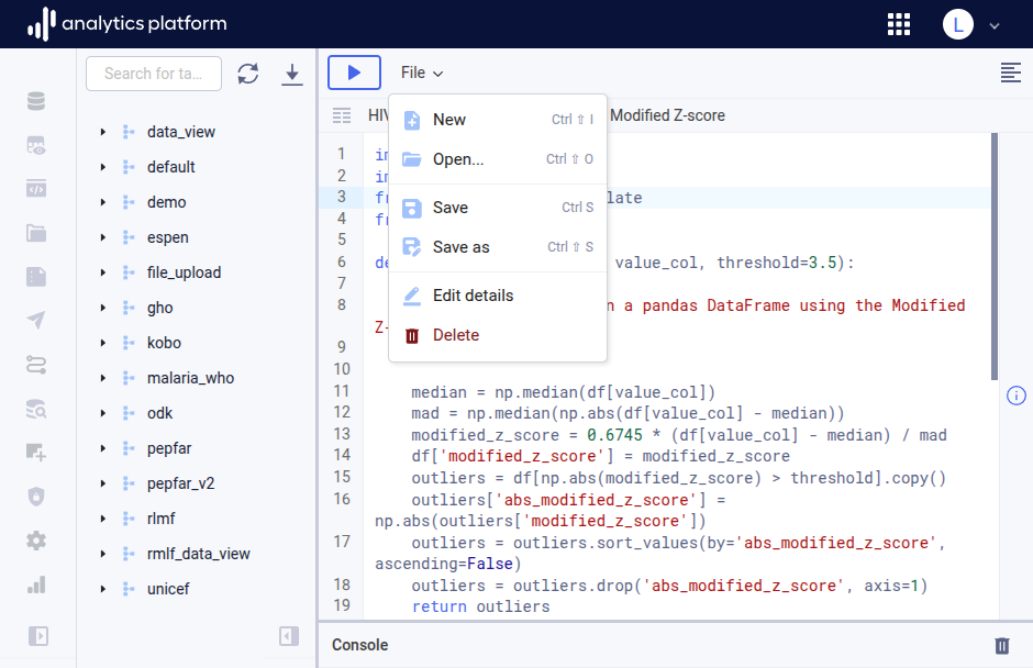 Script editor file menu